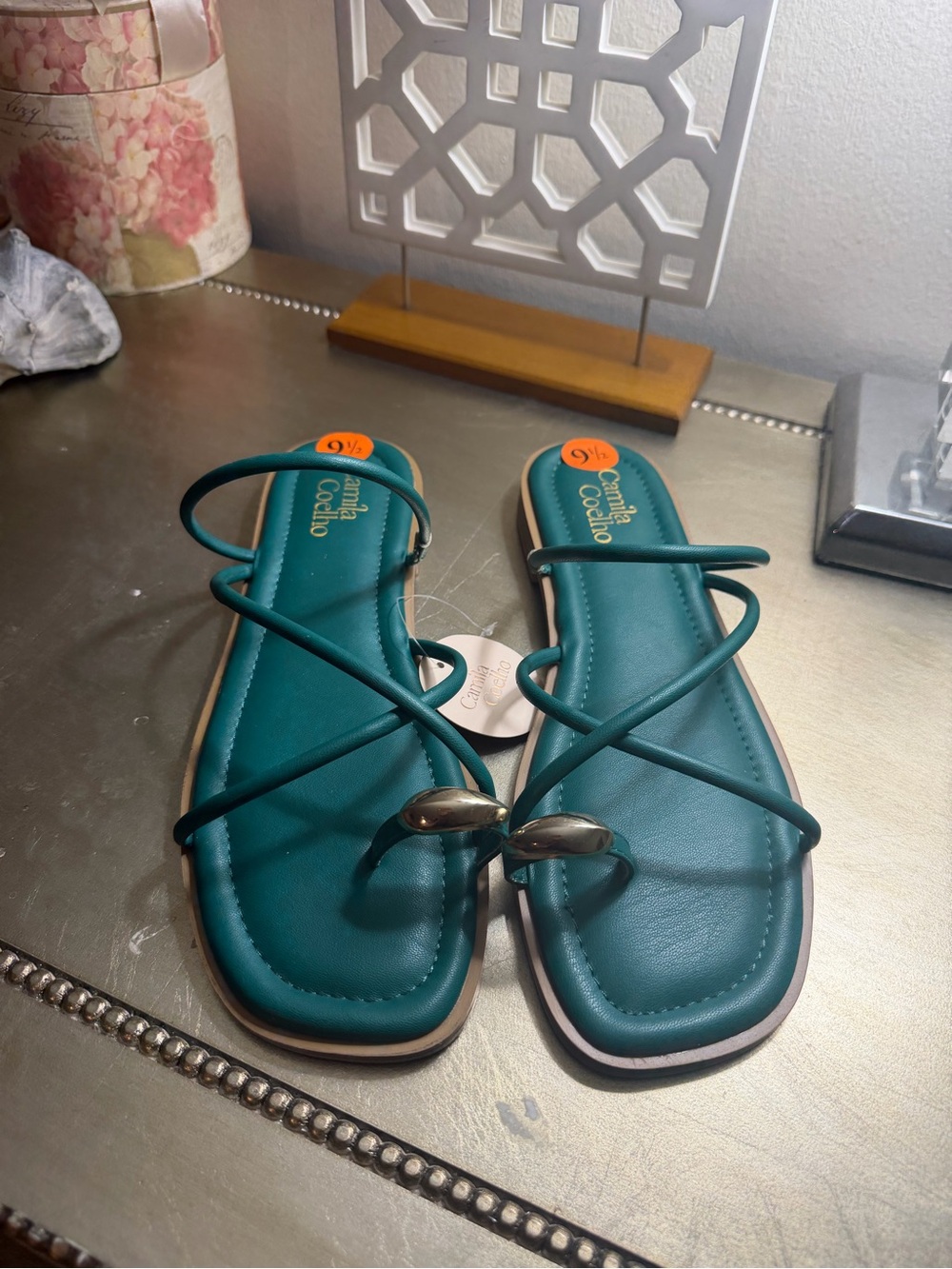 Camila Coelho Green Strappy Toe-Loop Sandals